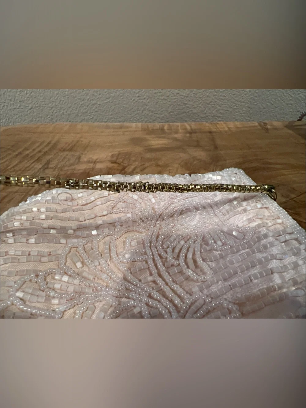 Vintage Beaded Cream Colored Evening Clutch with Gold Chain Strap
